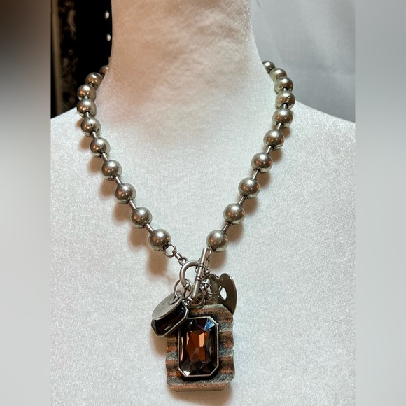 Distressed Brass Silver Large Ball Chain Cluster Pendant Toggle Clasp Necklace - Picture 4 of 6